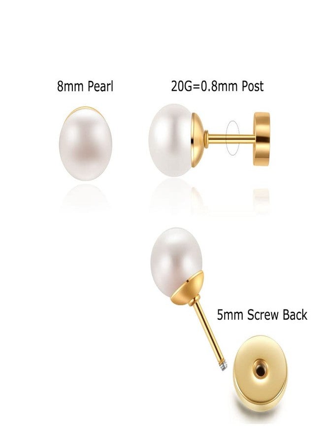 Renkovte 14K Gold 8mm Pearl Stud Earrings for Women,Flat Screw Back Pearl Cartilage Helix Earrings 316L Surgical Steel Round Pearl Piercing Jewelry Gift Hypoallergenic(8mm, Gold) - Image 2